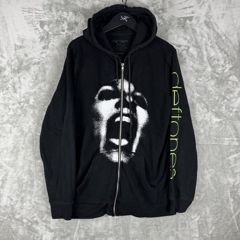 Deftones Band Black Full Zip Up Hoodie Scream Face Logo Sleeve Mens Medium 2023